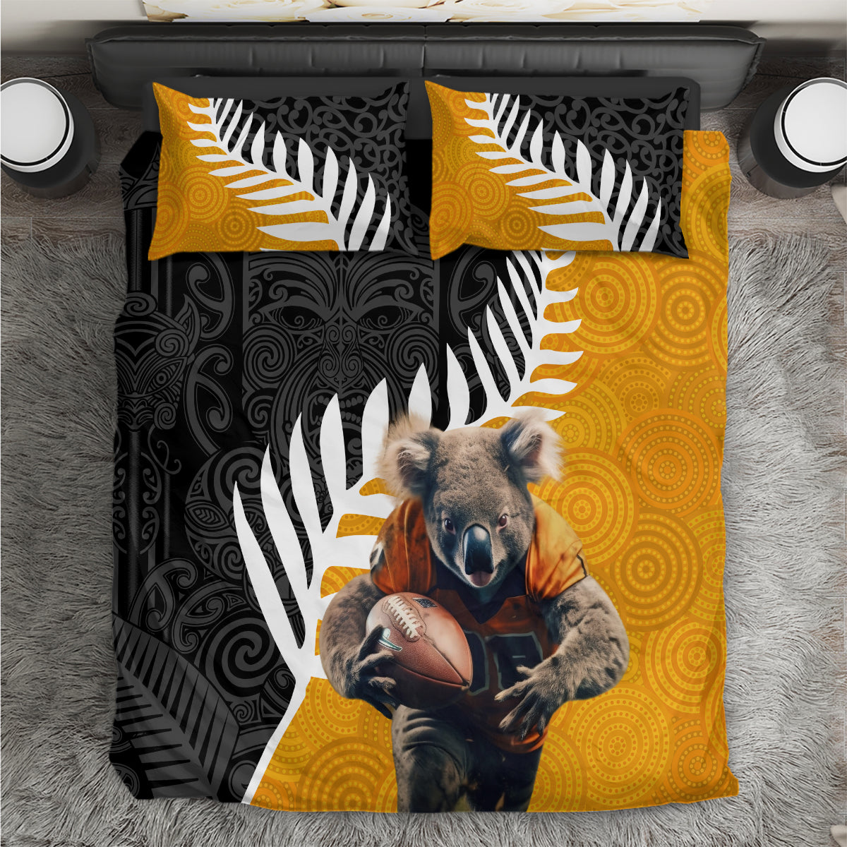 New Zealand and Australia Rugby Bedding Set Koala and Maori Warrior Together