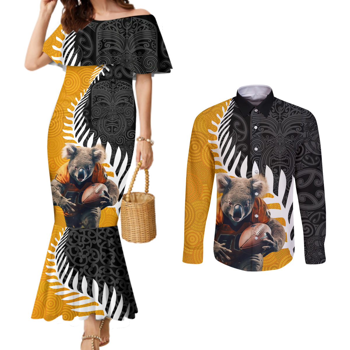 New Zealand and Australia Rugby Couples Matching Mermaid Dress and Long Sleeve Button Shirt Koala and Maori Warrior Together
