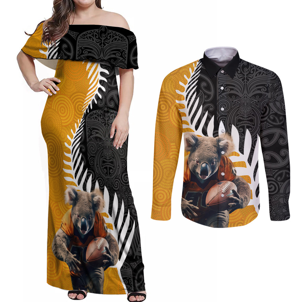 New Zealand and Australia Rugby Couples Matching Off Shoulder Maxi Dress and Long Sleeve Button Shirt Koala and Maori Warrior Together