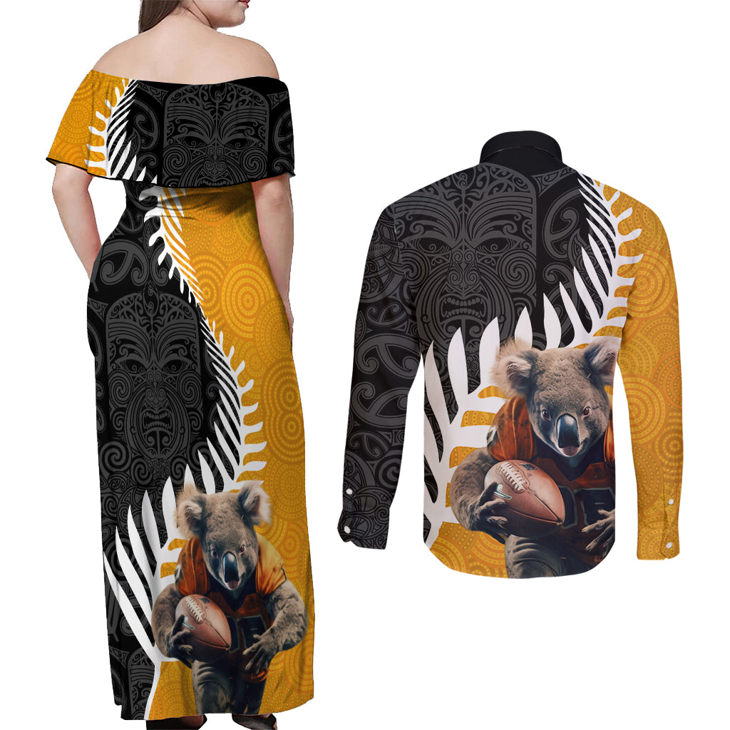 New Zealand and Australia Rugby Couples Matching Off Shoulder Maxi Dress and Long Sleeve Button Shirt Koala and Maori Warrior Together