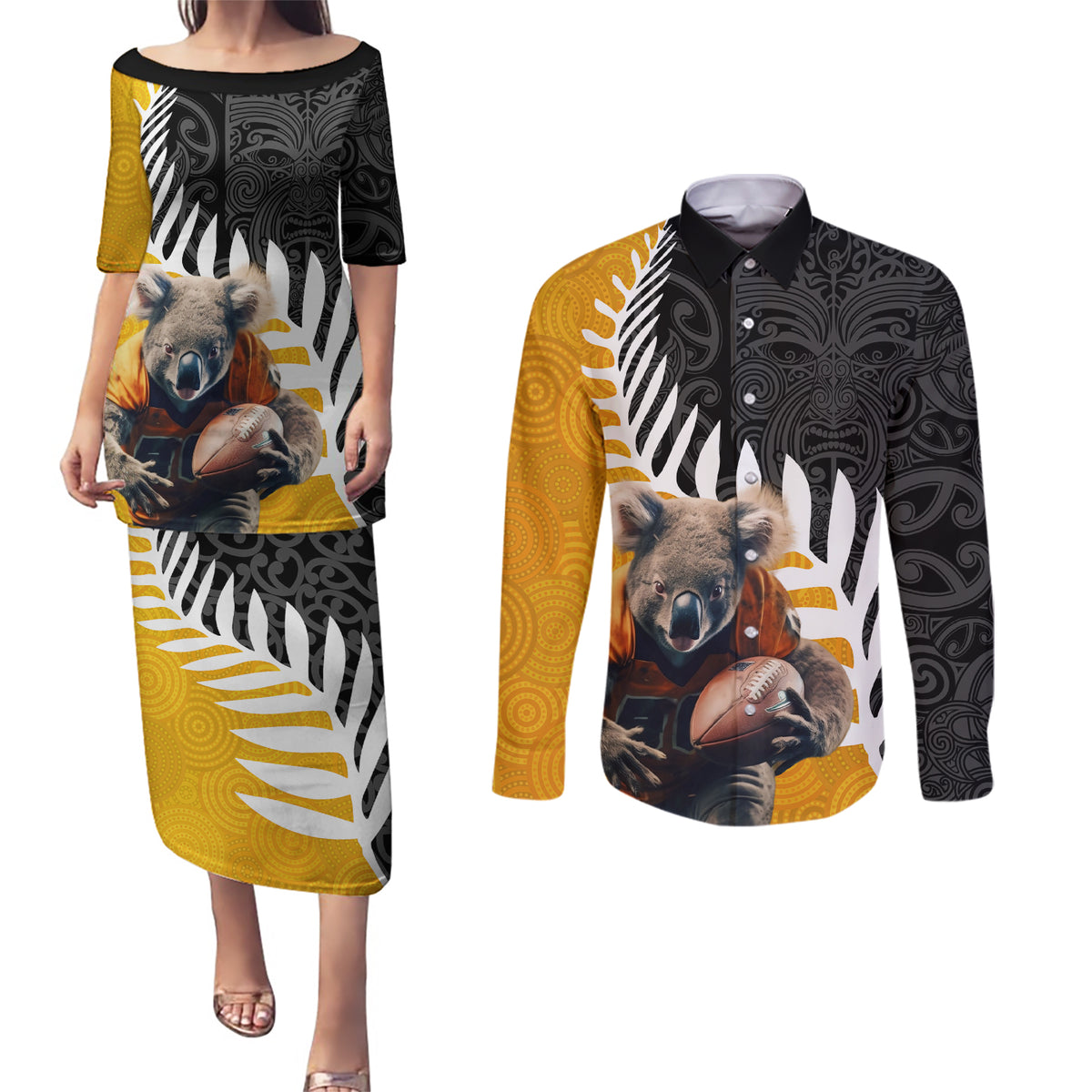 New Zealand and Australia Rugby Couples Matching Puletasi and Long Sleeve Button Shirt Koala and Maori Warrior Together