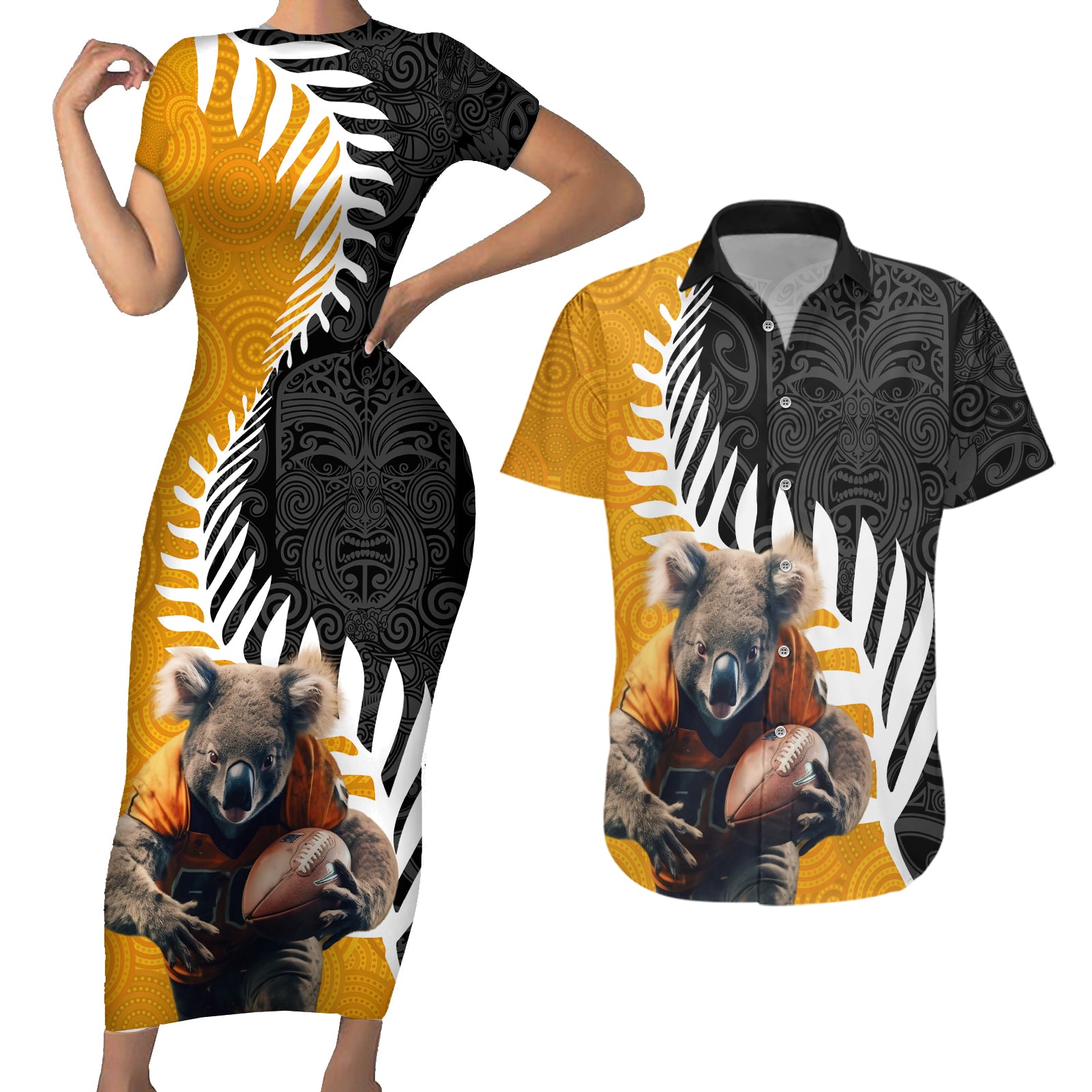 New Zealand and Australia Rugby Couples Matching Short Sleeve Bodycon Dress and Hawaiian Shirt Koala and Maori Warrior Together