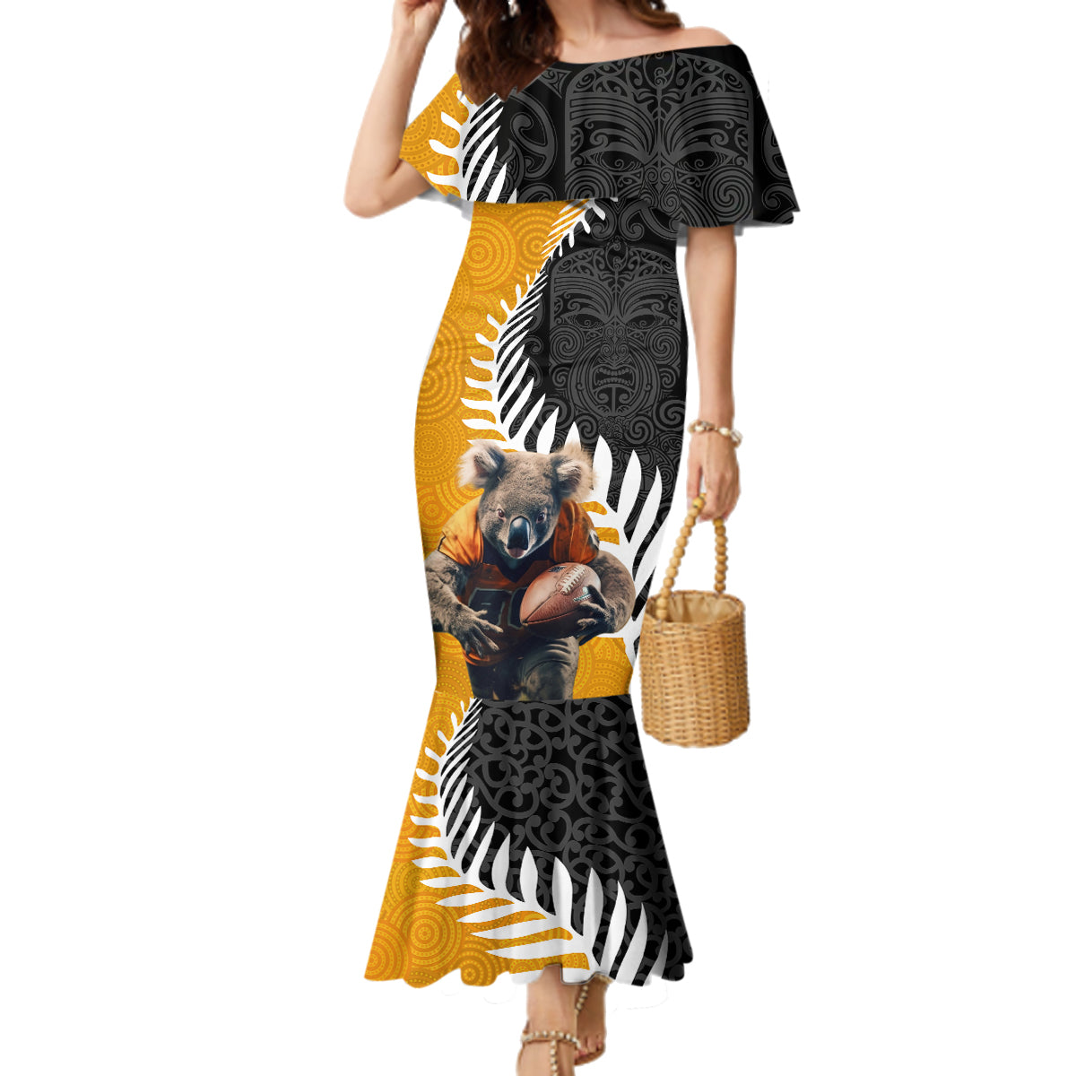 New Zealand and Australia Rugby Family Matching Mermaid Dress and Hawaiian Shirt Koala and Maori Warrior Together