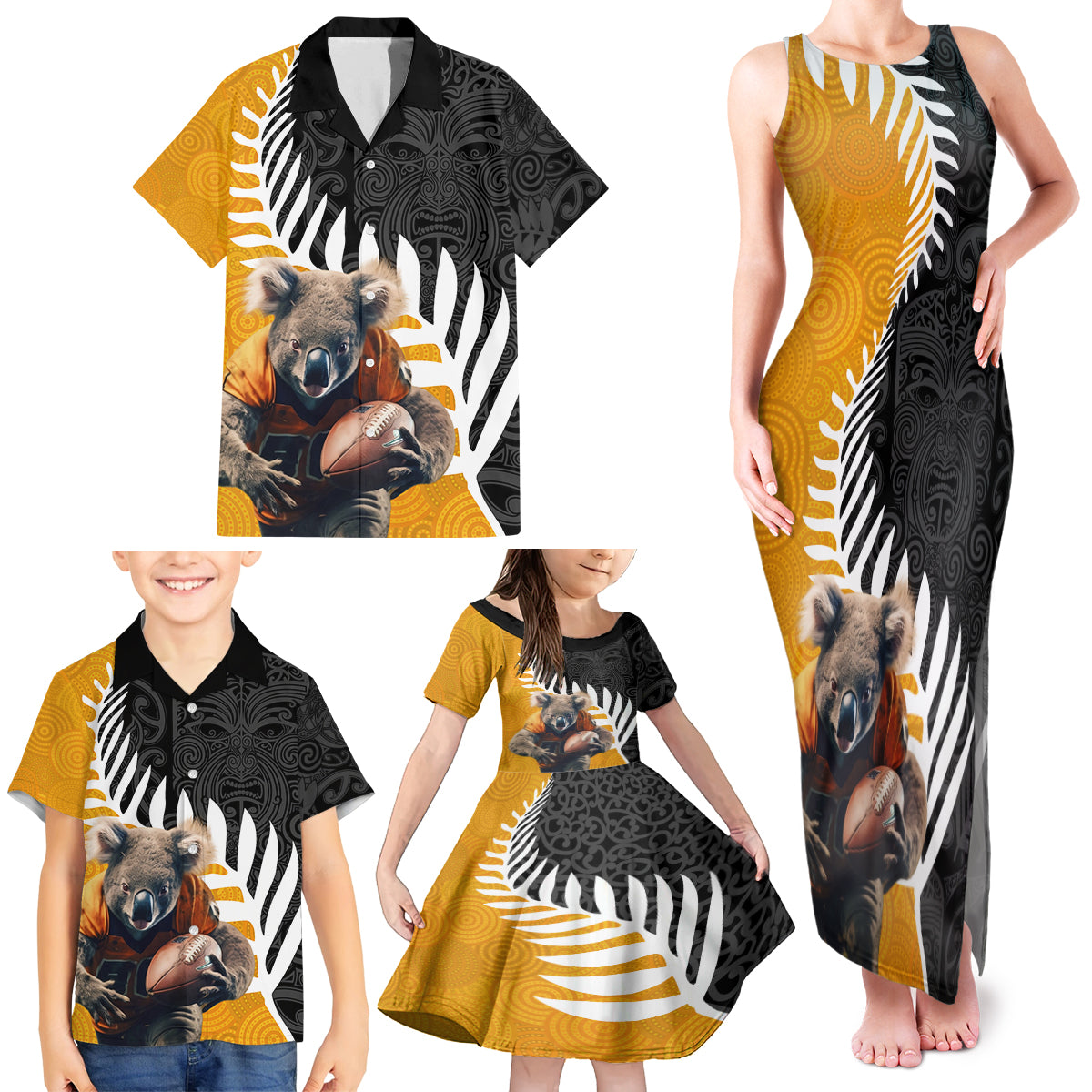 New Zealand and Australia Rugby Family Matching Tank Maxi Dress and Hawaiian Shirt Koala and Maori Warrior Together