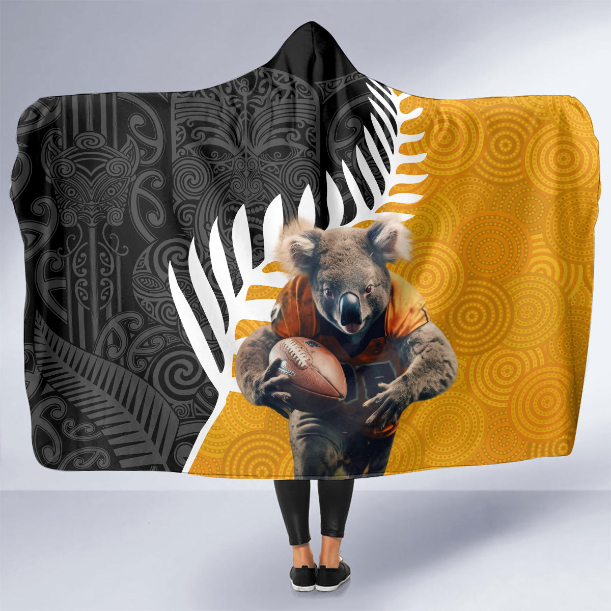 New Zealand and Australia Rugby Hooded Blanket Koala and Maori Warrior Together