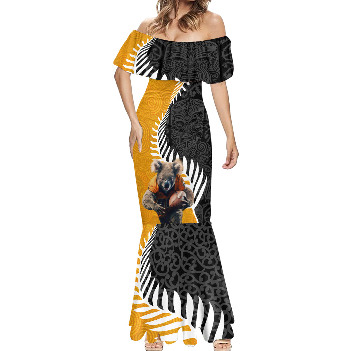 New Zealand and Australia Rugby Mermaid Dress Koala and Maori Warrior Together