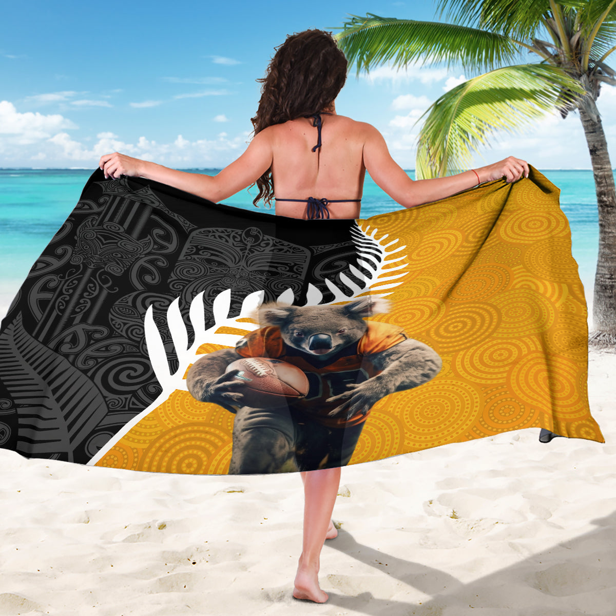New Zealand and Australia Rugby Sarong Koala and Maori Warrior Together
