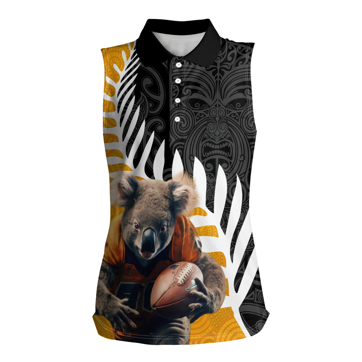 New Zealand and Australia Rugby Women Sleeveless Polo Shirt Koala and Maori Warrior Together LT03 Female Black - Polynesian Pride