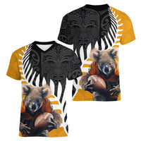 New Zealand and Australia Rugby Women V-Neck T-Shirt Koala and Maori Warrior Together