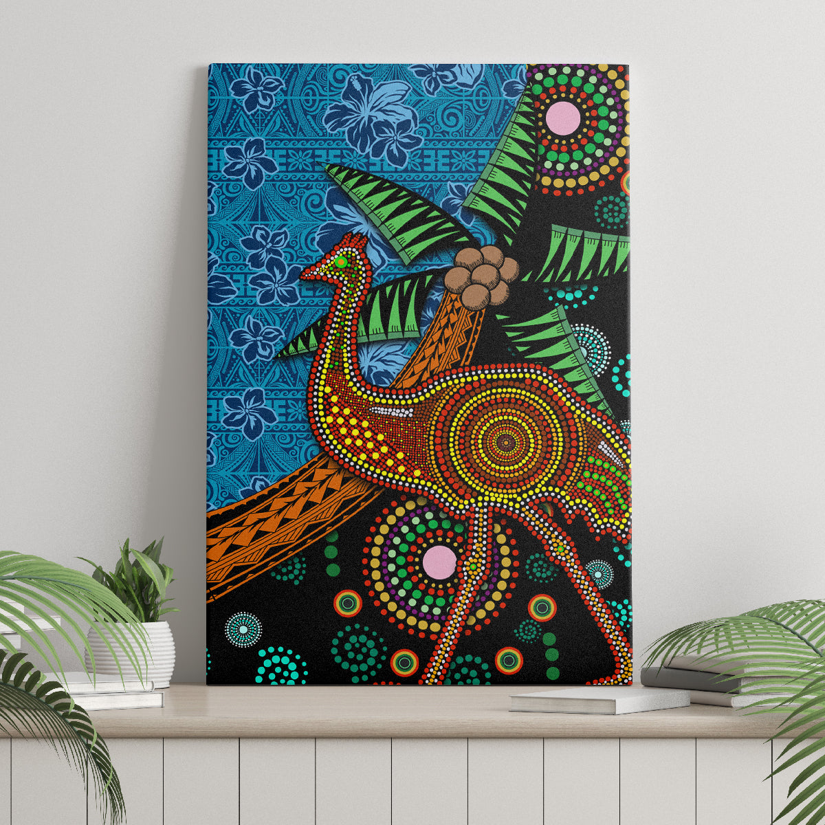 Fiji and Australia Canvas Wall Art Palm Tree and Abogirinal Emu