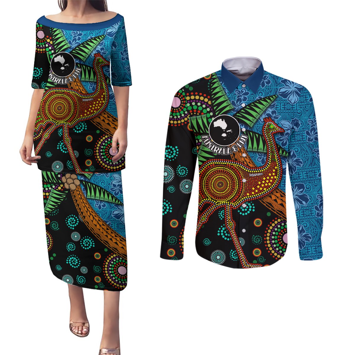 Fiji and Australia Couples Matching Puletasi and Long Sleeve Button Shirt Palm Tree and Abogirinal Emu