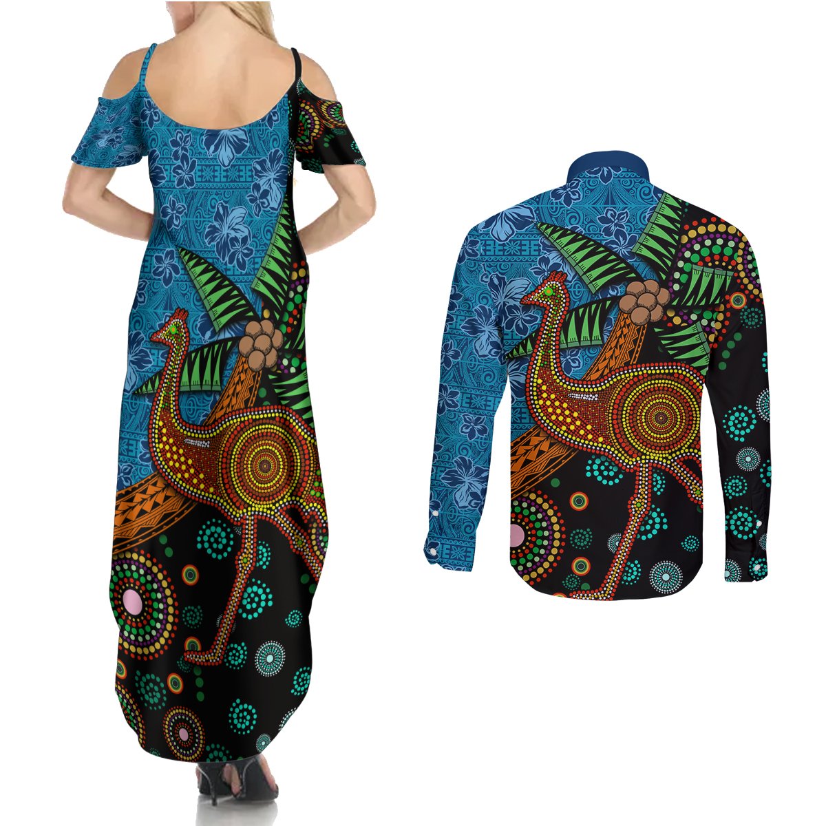 Fiji and Australia Couples Matching Summer Maxi Dress and Long Sleeve Button Shirt Palm Tree and Abogirinal Emu