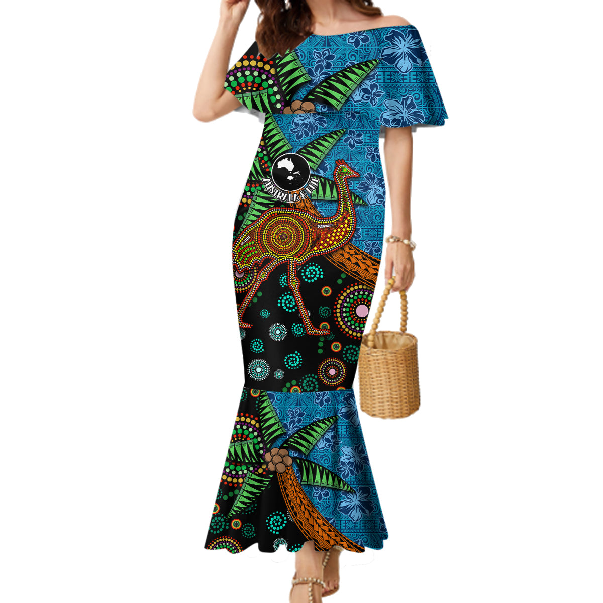 Fiji and Australia Family Matching Mermaid Dress and Hawaiian Shirt Palm Tree and Abogirinal Emu