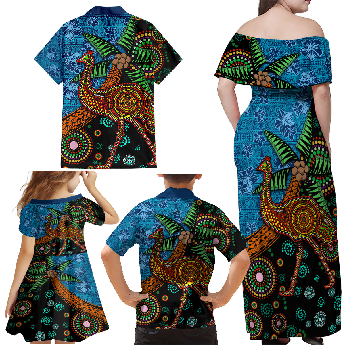 Fiji and Australia Family Matching Off Shoulder Maxi Dress and Hawaiian Shirt Palm Tree and Abogirinal Emu