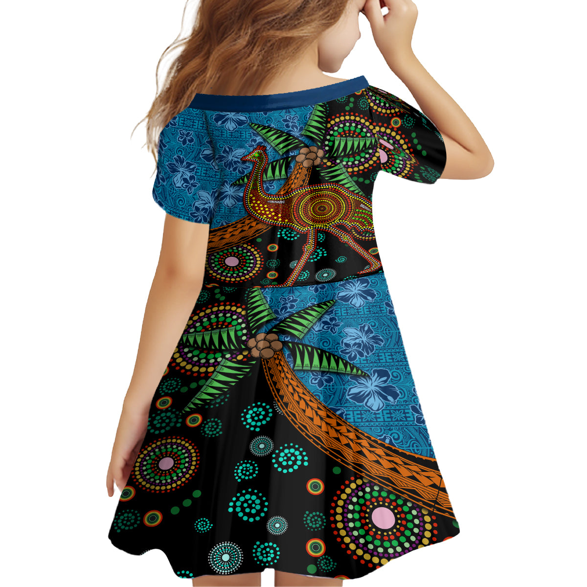 Fiji and Australia Kid Short Sleeve Dress Palm Tree and Abogirinal Emu