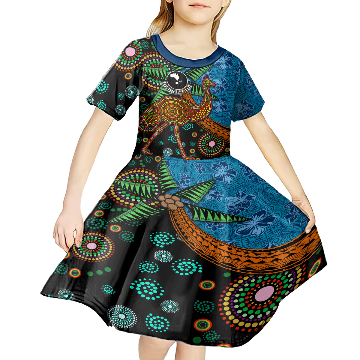 Fiji and Australia Kid Short Sleeve Dress Palm Tree and Abogirinal Emu