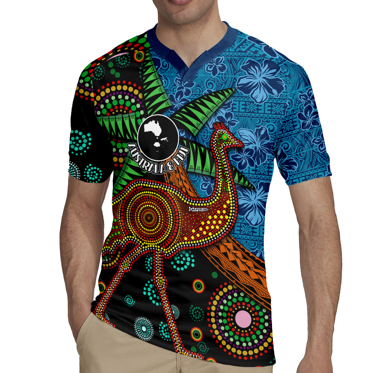 Fiji and Australia Rugby Jersey Palm Tree and Abogirinal Emu