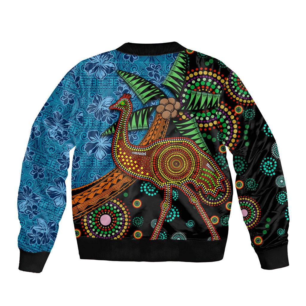 Fiji and Australia Sleeve Zip Bomber Jacket Palm Tree and Abogirinal Emu