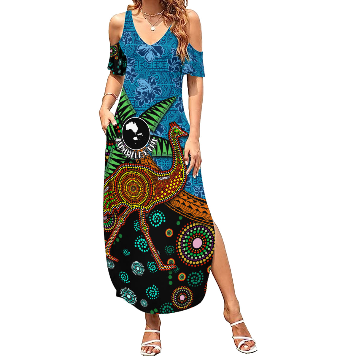 Fiji and Australia Summer Maxi Dress Palm Tree and Abogirinal Emu