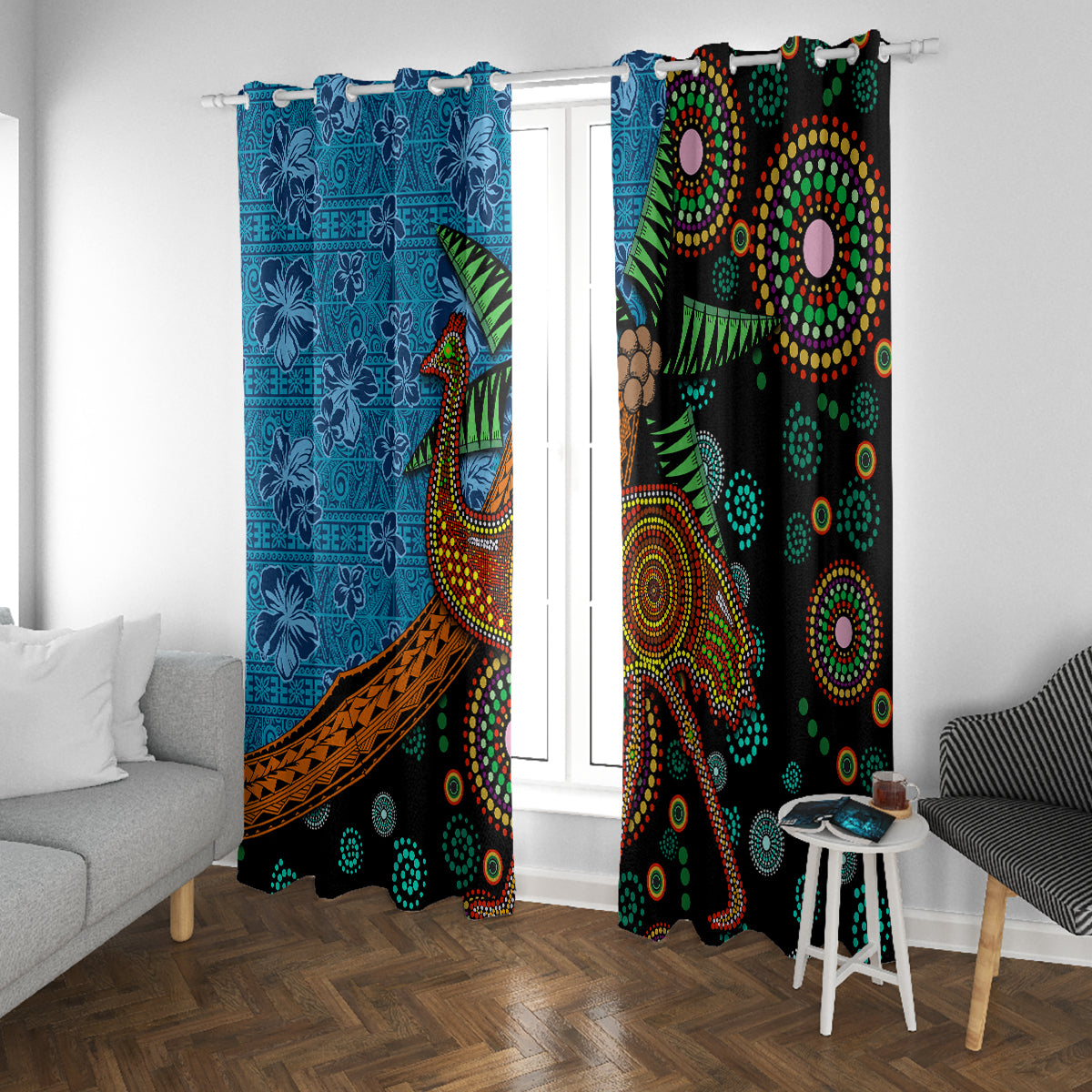 Fiji and Australia Window Curtain Palm Tree and Abogirinal Emu