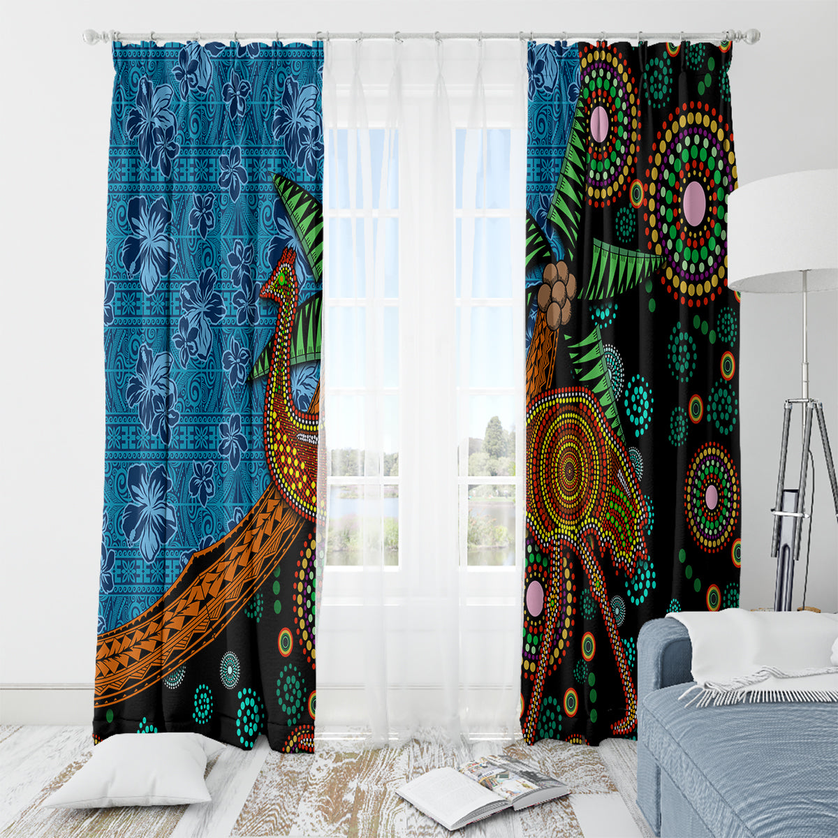 Fiji and Australia Window Curtain Palm Tree and Abogirinal Emu
