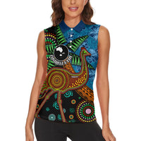 Fiji and Australia Women Sleeveless Polo Shirt Palm Tree and Abogirinal Emu