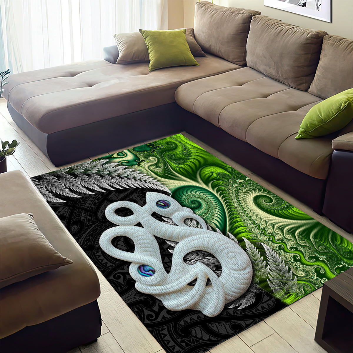 New Zealand Koru Natural Area Rug Manaia and Silver Fern Maori Pattern