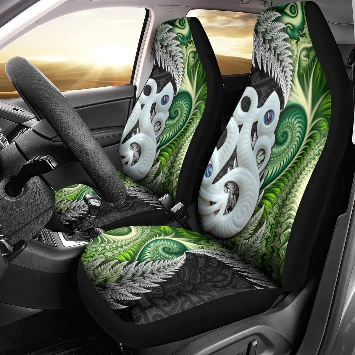 New Zealand Koru Natural Car Seat Cover Manaia and Silver Fern Maori Pattern