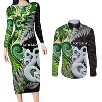New Zealand Koru Natural Couples Matching Long Sleeve Bodycon Dress and Long Sleeve Button Shirt Manaia and Silver Fern Maori Pattern