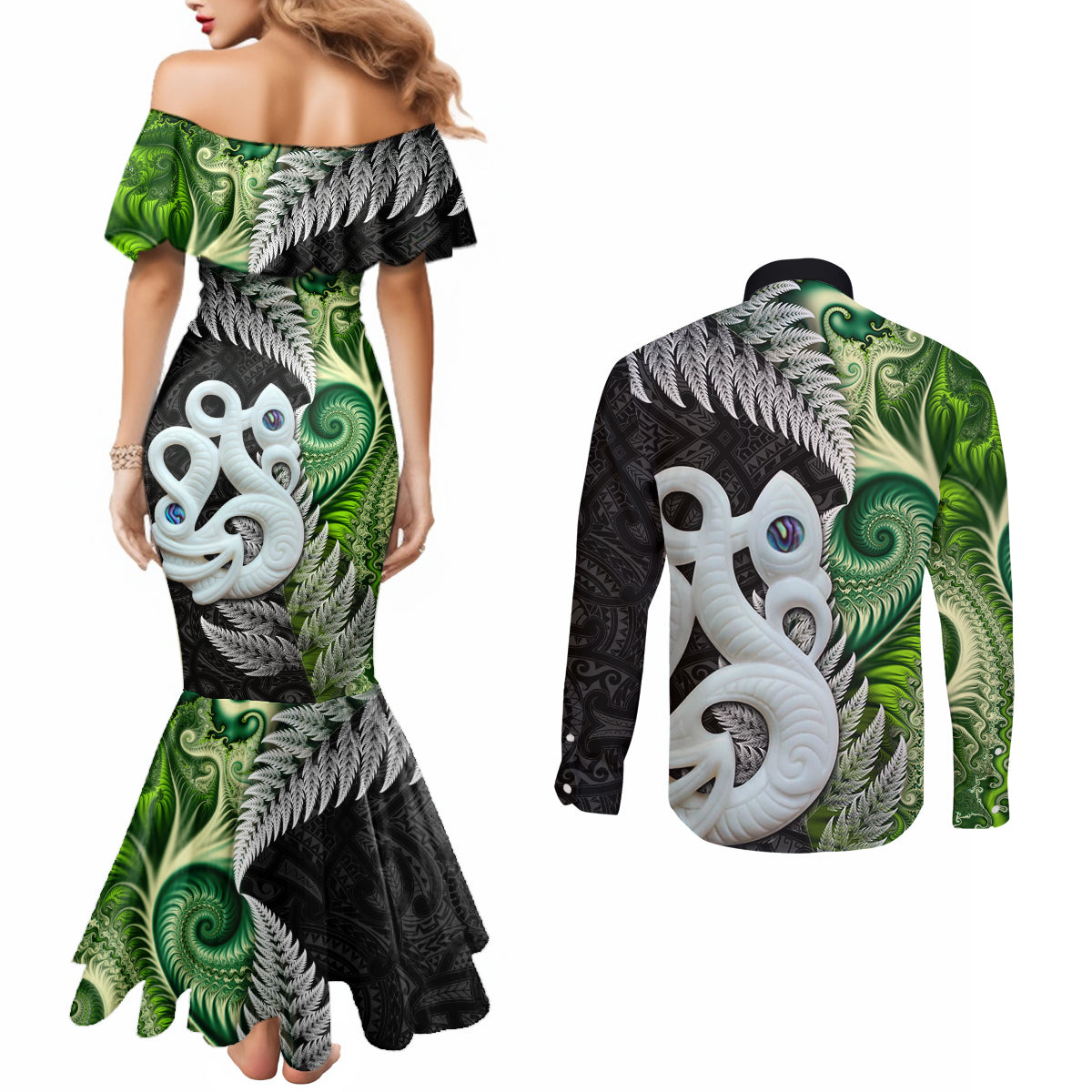 New Zealand Koru Natural Couples Matching Mermaid Dress and Long Sleeve Button Shirt Manaia and Silver Fern Maori Pattern