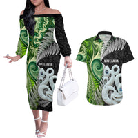 New Zealand Koru Natural Couples Matching Off The Shoulder Long Sleeve Dress and Hawaiian Shirt Manaia and Silver Fern Maori Pattern