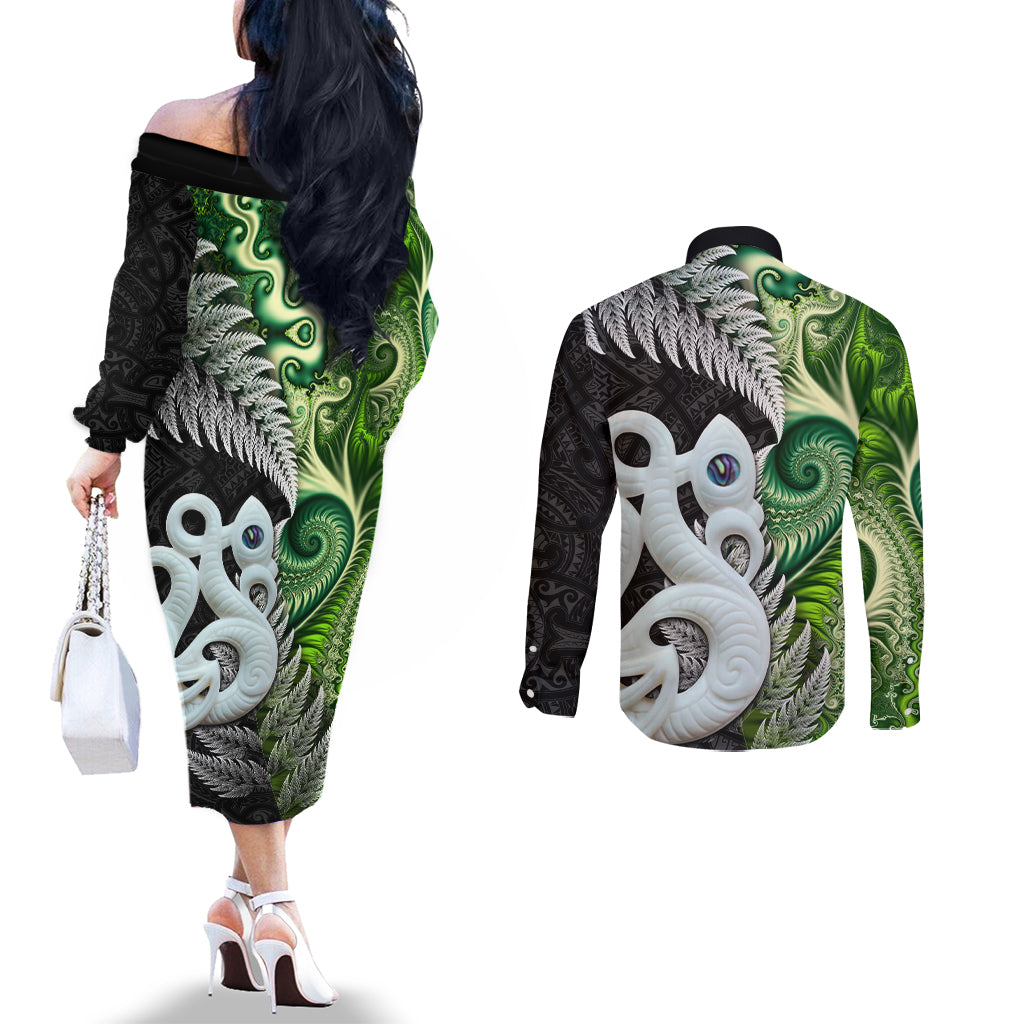 New Zealand Koru Natural Couples Matching Off The Shoulder Long Sleeve Dress and Long Sleeve Button Shirt Manaia and Silver Fern Maori Pattern