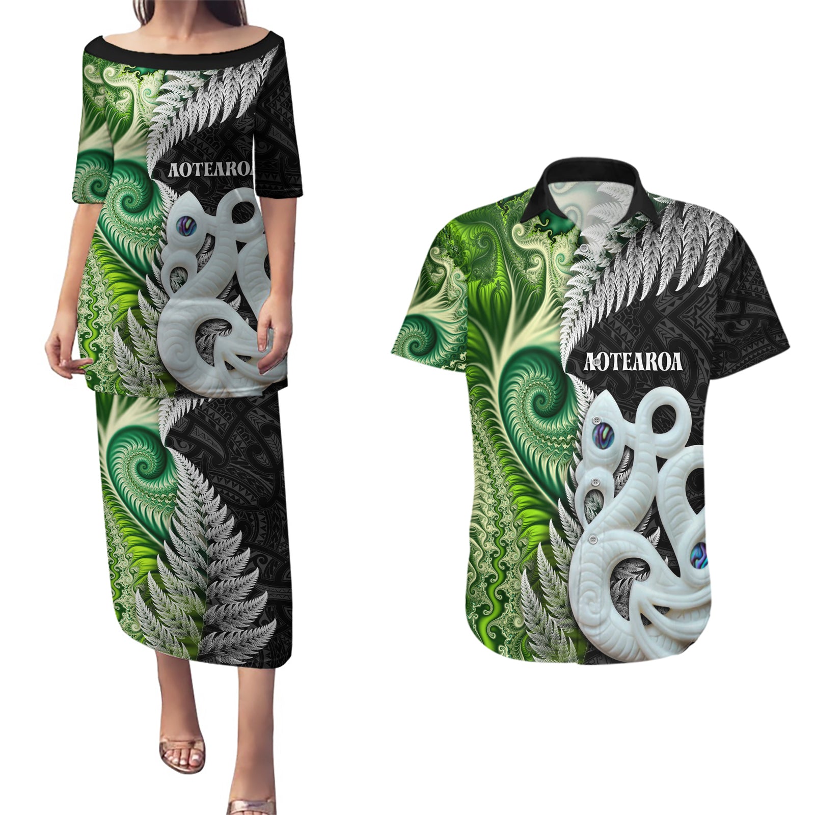 New Zealand Koru Natural Couples Matching Puletasi and Hawaiian Shirt Manaia and Silver Fern Maori Pattern