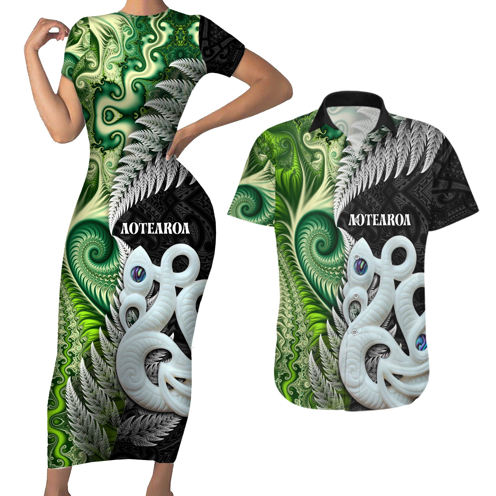 New Zealand Koru Natural Couples Matching Short Sleeve Bodycon Dress and Hawaiian Shirt Manaia and Silver Fern Maori Pattern