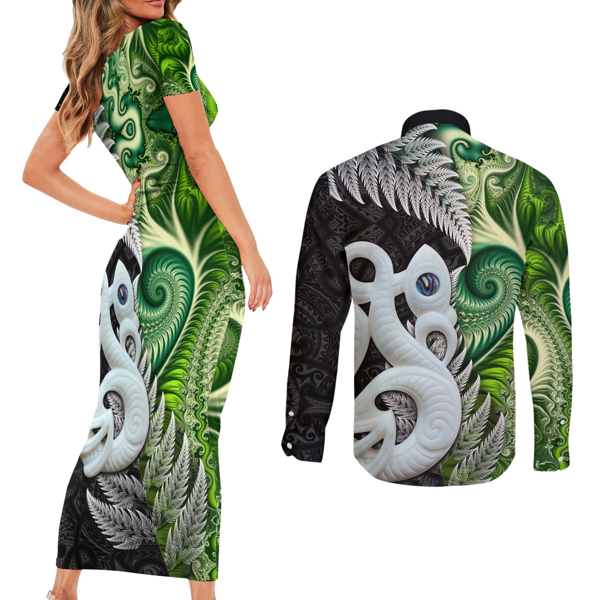 New Zealand Koru Natural Couples Matching Short Sleeve Bodycon Dress and Long Sleeve Button Shirt Manaia and Silver Fern Maori Pattern
