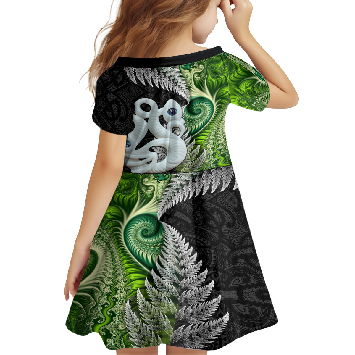 New Zealand Koru Natural Kid Short Sleeve Dress Manaia and Silver Fern Maori Pattern