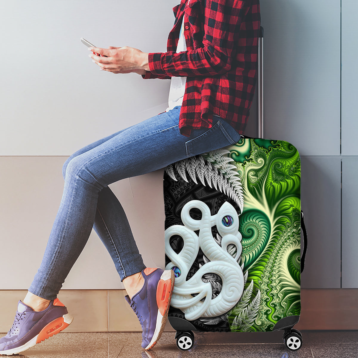 New Zealand Koru Natural Luggage Cover Manaia and Silver Fern Maori Pattern