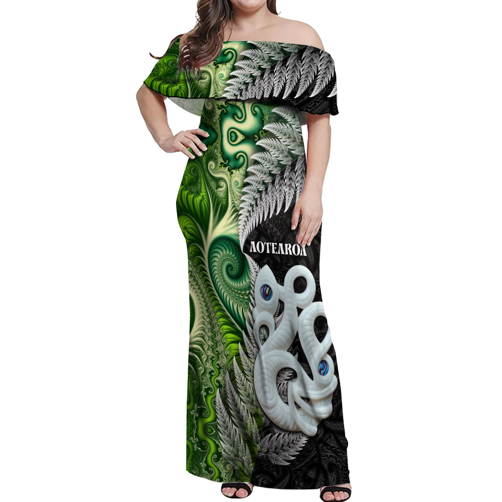 New Zealand Koru Natural Off Shoulder Maxi Dress Manaia and Silver Fern Maori Pattern