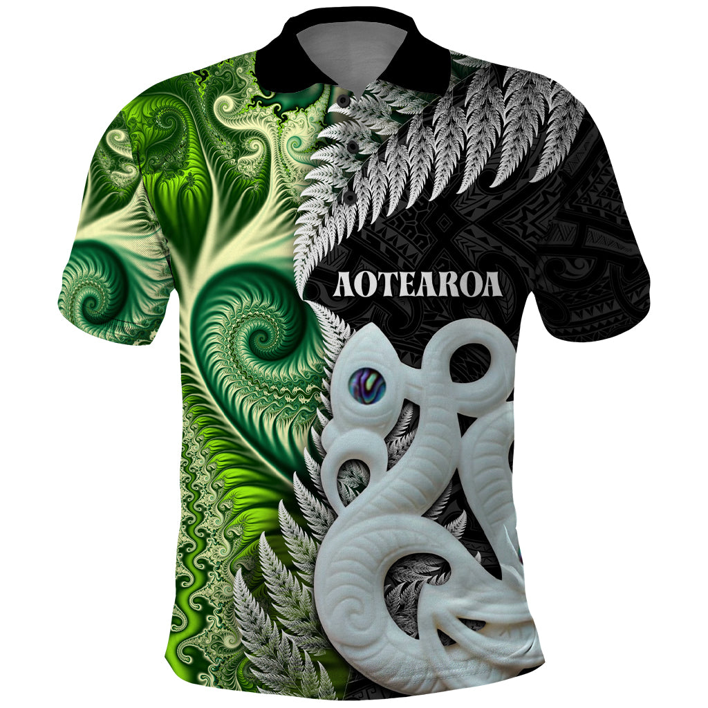 New Zealand Koru Natural Polo Shirt - Manaia and Silver Fern Maori Pattern LT03 Black - Polynesian Pride
