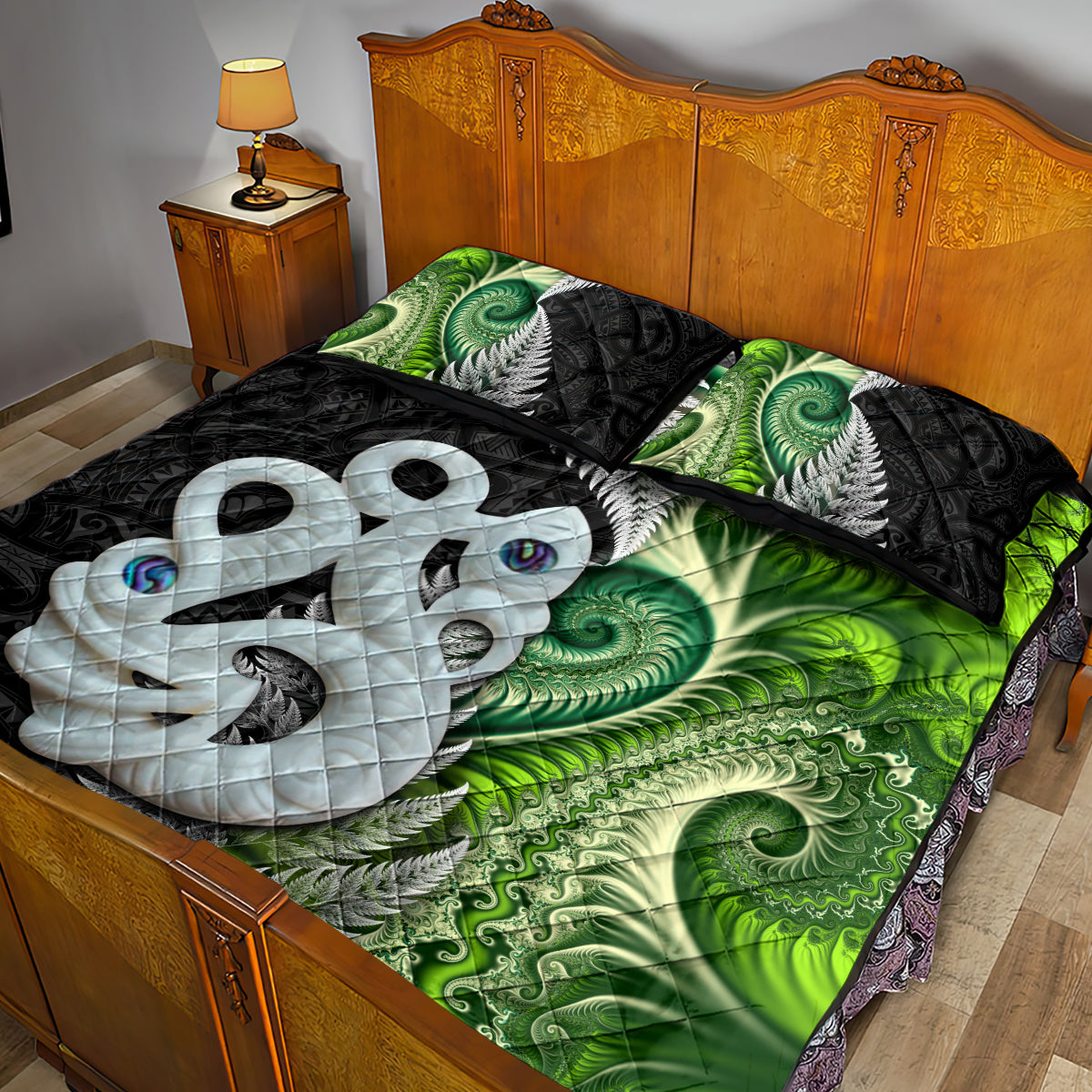 New Zealand Koru Natural Quilt Bed Set Manaia and Silver Fern Maori Pattern