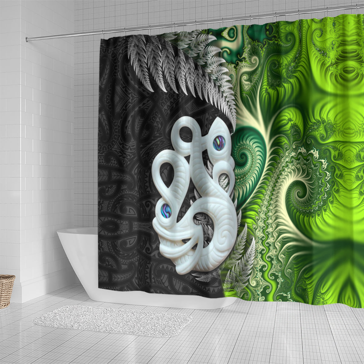New Zealand Koru Natural Shower Curtain Manaia and Silver Fern Maori Pattern