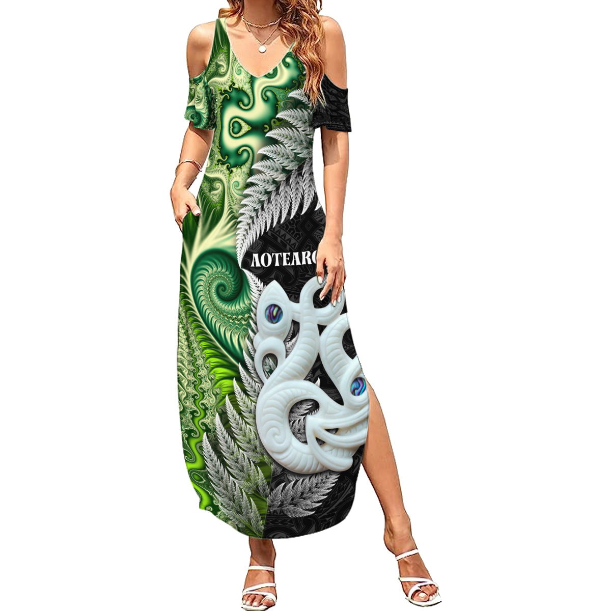 New Zealand Koru Natural Summer Maxi Dress Manaia and Silver Fern Maori Pattern