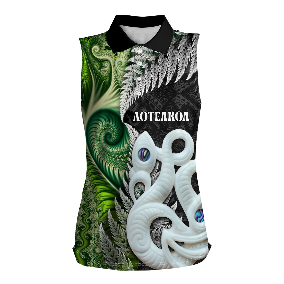 New Zealand Koru Natural Women Sleeveless Polo Shirt Manaia and Silver Fern Maori Pattern