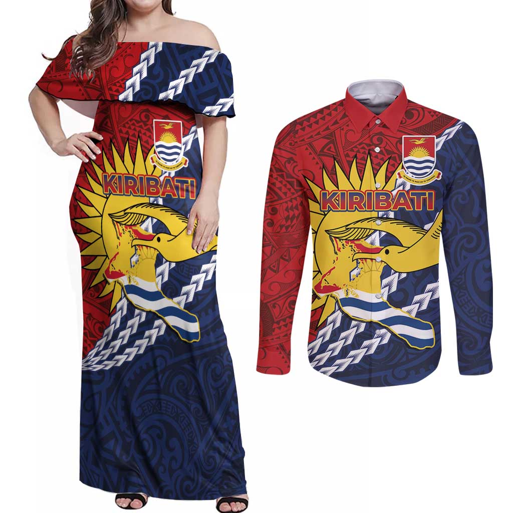 Kiribati Independence Day Couples Matching Off Shoulder Maxi Dress and Long Sleeve Button Shirt Polynesian and Melanesian Art Tattoo