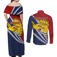 Kiribati Independence Day Couples Matching Off Shoulder Maxi Dress and Long Sleeve Button Shirt Polynesian and Melanesian Art Tattoo