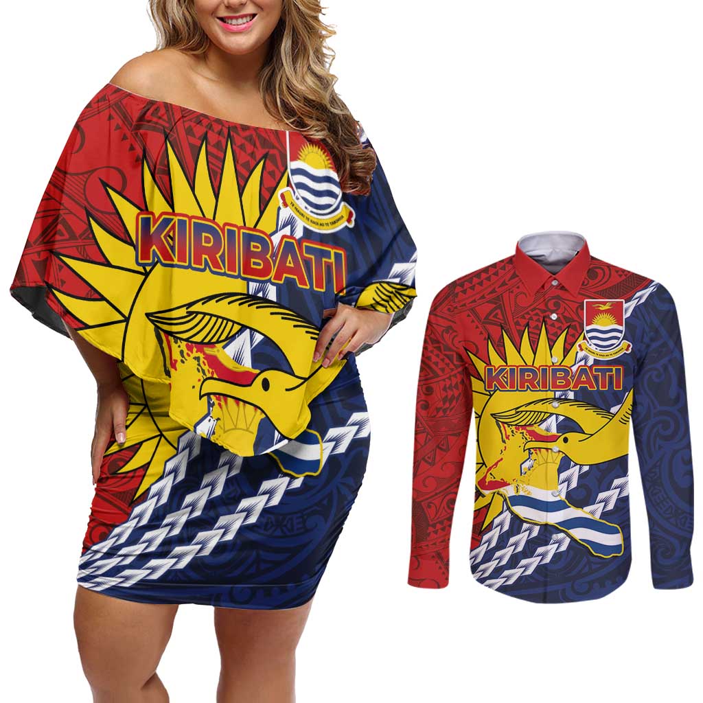 Kiribati Independence Day Couples Matching Off Shoulder Short Dress and Long Sleeve Button Shirt Polynesian and Melanesian Art Tattoo