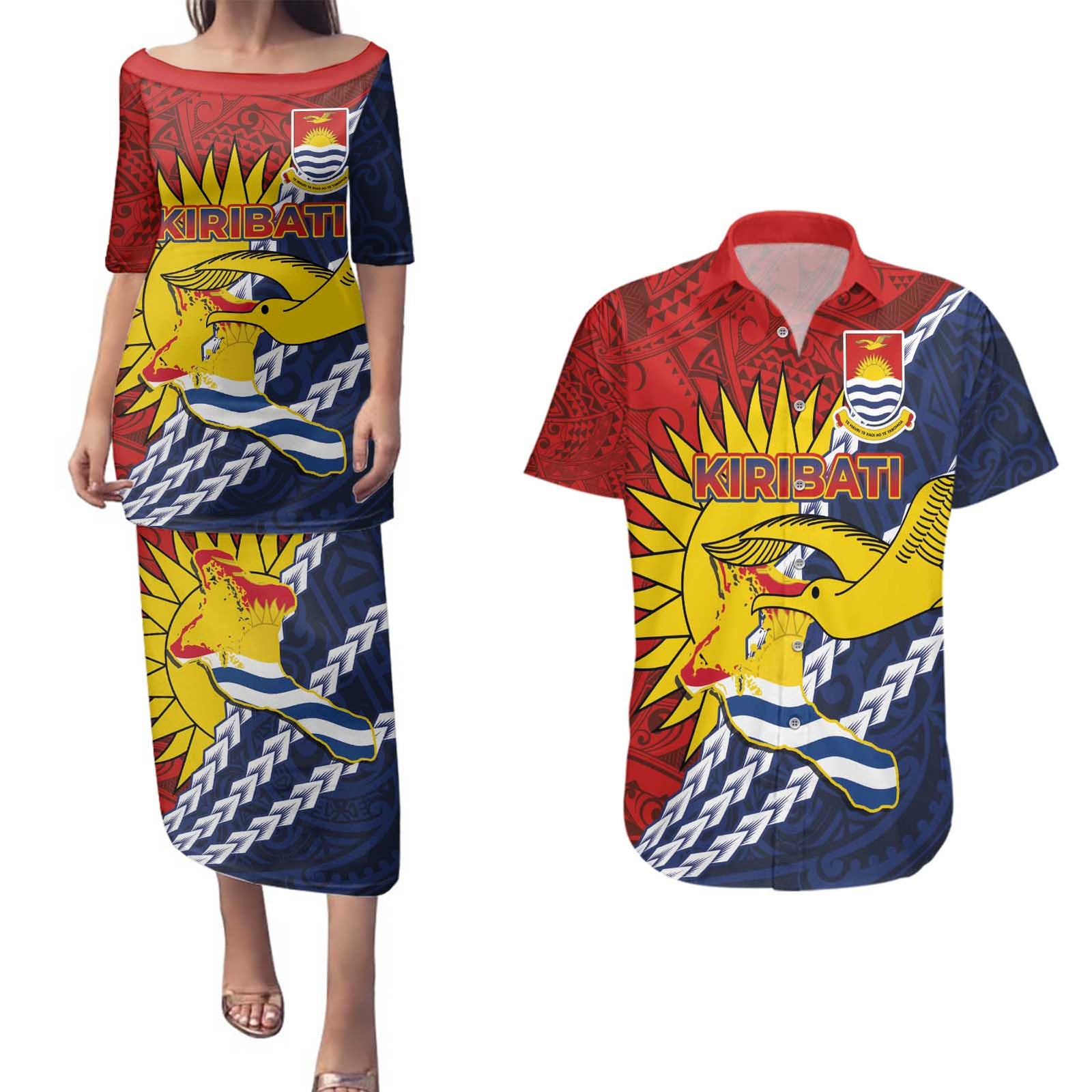 Kiribati Independence Day Couples Matching Puletasi and Hawaiian Shirt Polynesian and Melanesian Art Tattoo