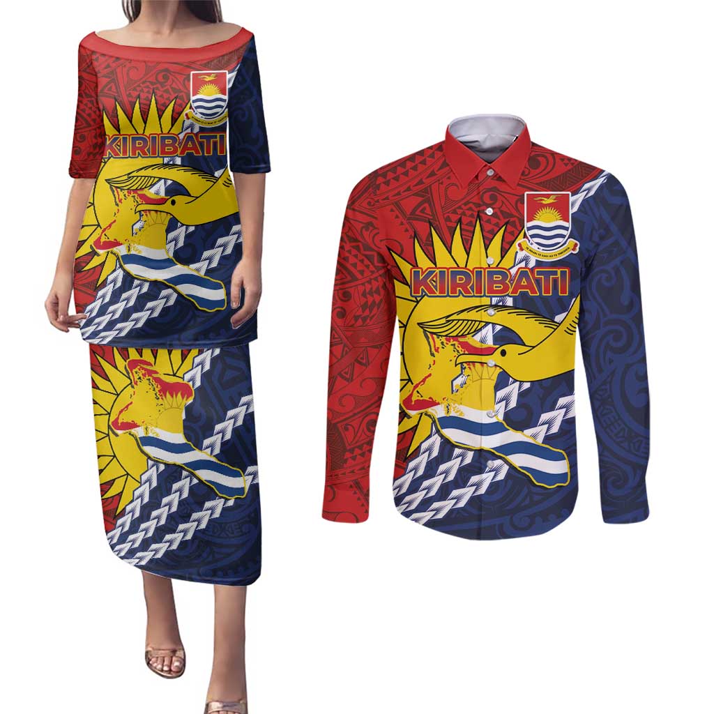 Kiribati Independence Day Couples Matching Puletasi and Long Sleeve Button Shirt Polynesian and Melanesian Art Tattoo