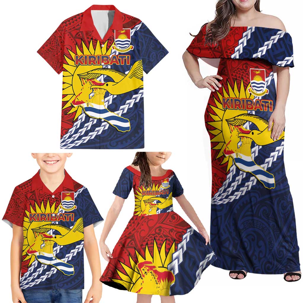 Kiribati Independence Day Family Matching Off Shoulder Maxi Dress and Hawaiian Shirt Polynesian and Melanesian Art Tattoo