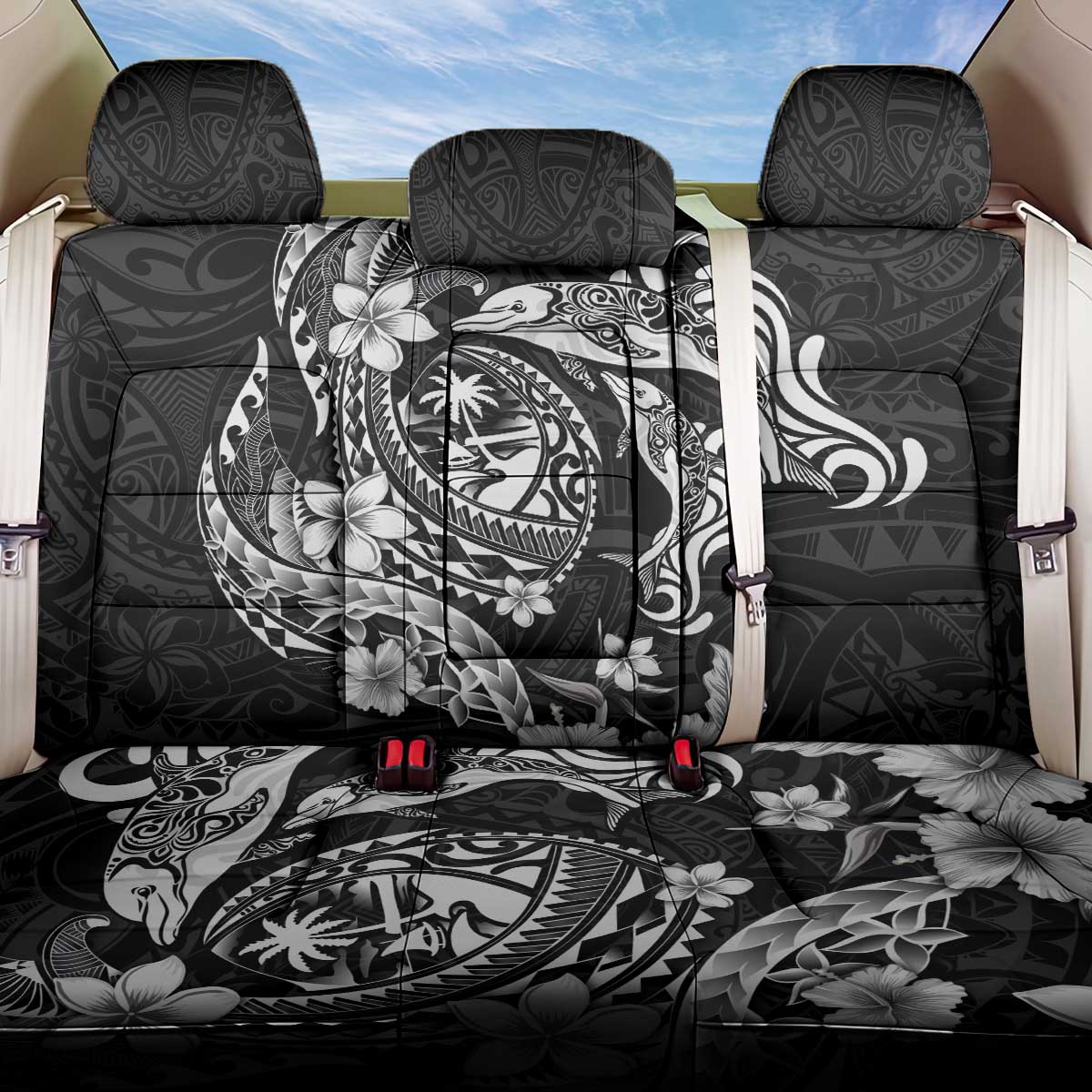 Guam Dolphins Tribal Tattoo Back Car Seat Cover Polynesian Art and Tropical Flower Grayscale